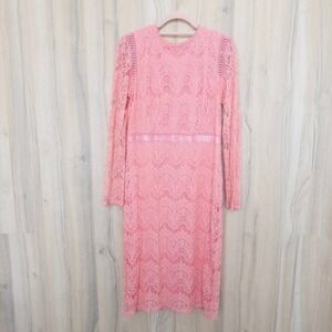 Love X Design Lace Dress L Pink Long Sleeve Sheer Floral Midi Romantic Wedding